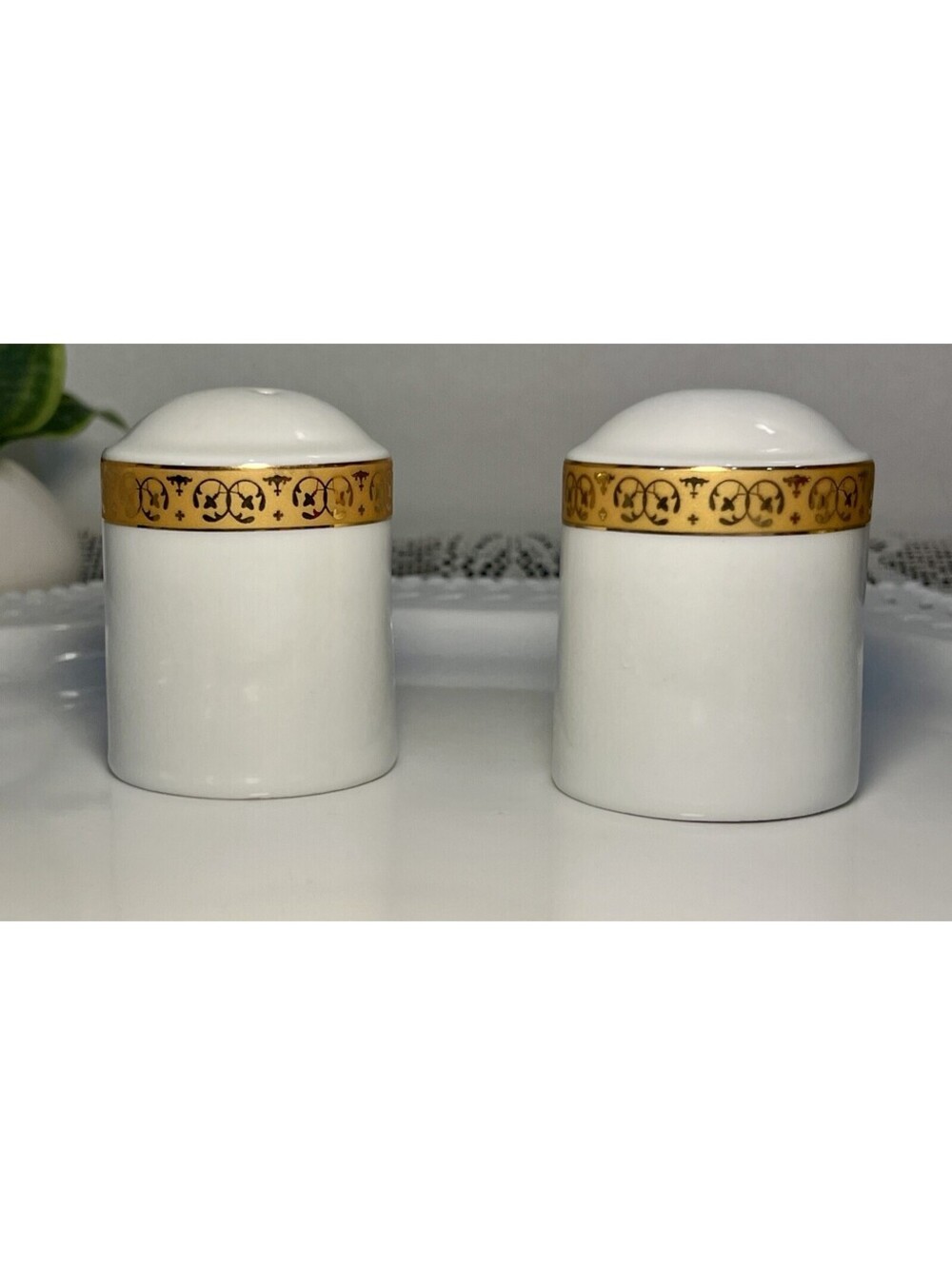 Vintage sears China Salt & Pepper Set Gold Filigree Band on White Porcelain.